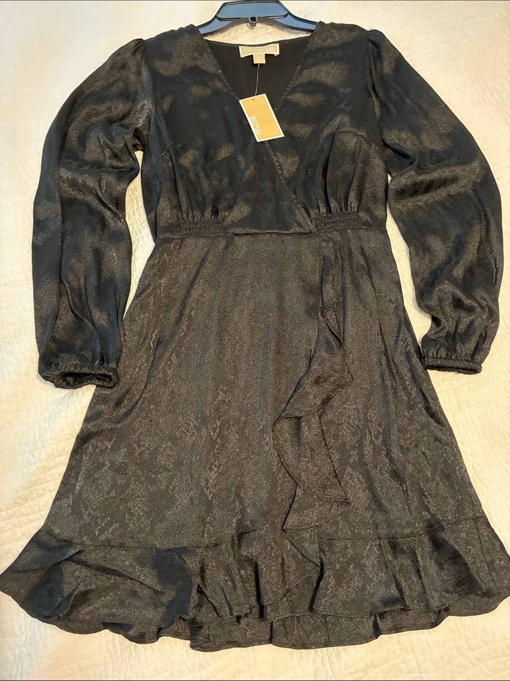 NWT Michael Kors Black Long-Sleeve V-Neck Ruffle Dress Sz Small